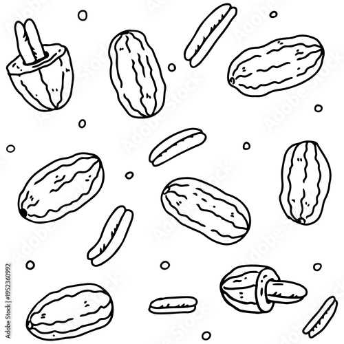 A black and white line art pattern featuring various shapes of pickles and pickle spears, creating a fun and repetitive design.