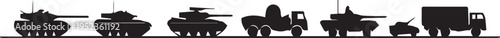 Military vehicles silhouette illustration including tanks and trucks for combat vector art