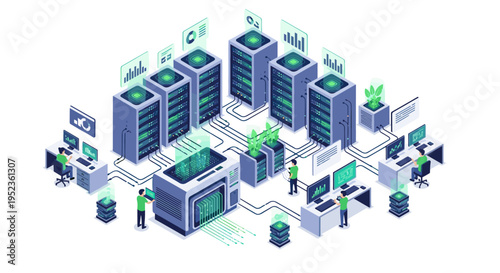 Modern data center with servers workstations and technicians managing it