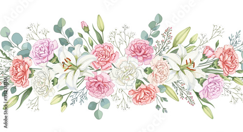 Elegant floral arrangement with pink roses white lilies and green eucalyptus leaves