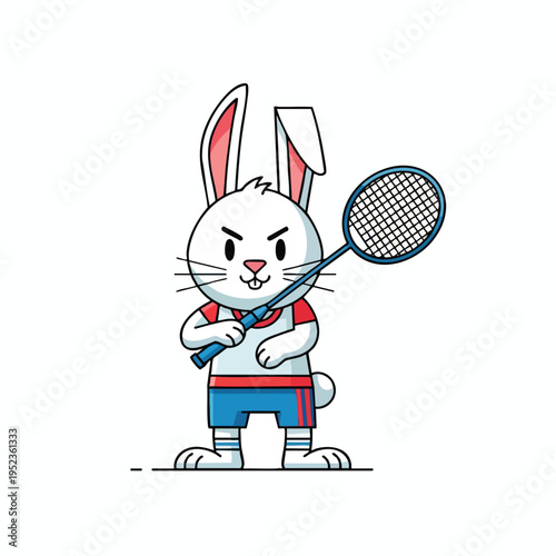 Determined cartoon rabbit in sporty attire grips a badminton racket, ready to play