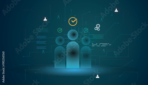 Corporate human resources management system with biometric authentication and futuristic cyber tech background