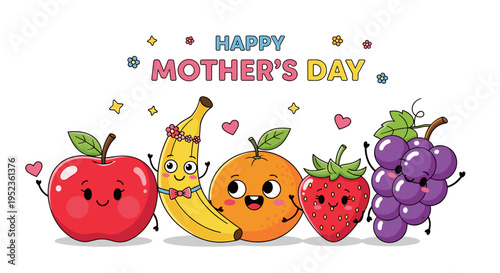 Happy mother's day greeting with cheerful cartoon fruits celebrating family love