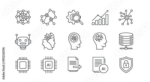 Collection of ai and technology icons brain robot data network chip security