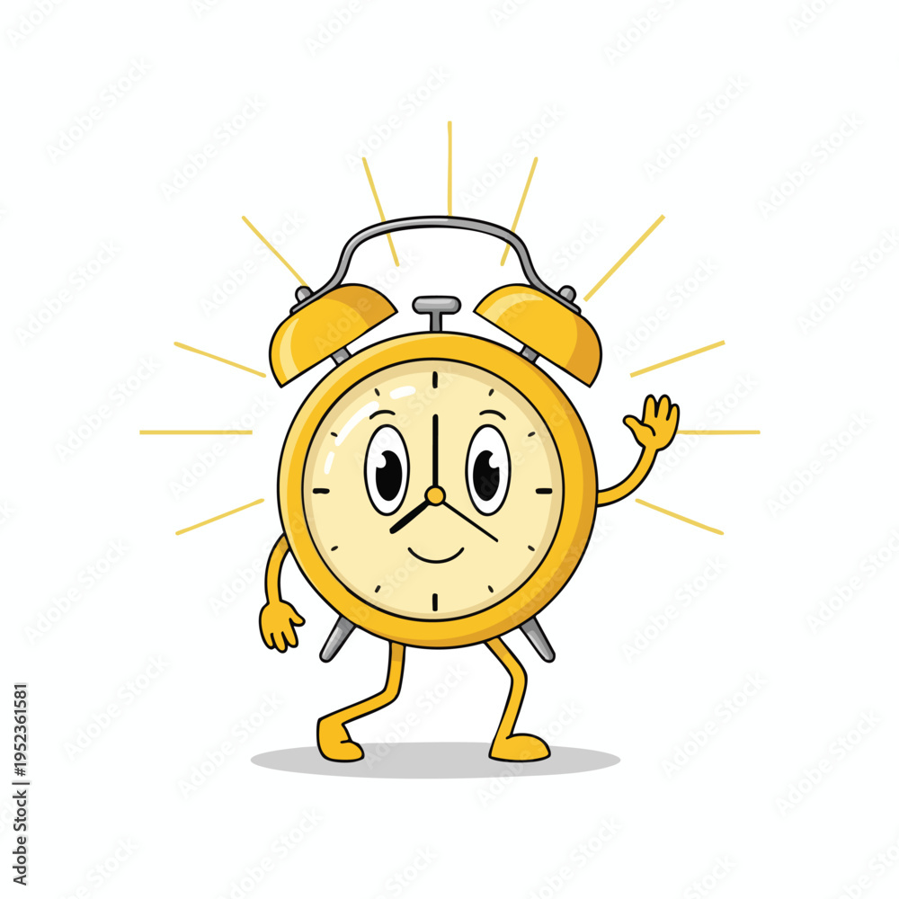 Obraz premium Cheerful yellow alarm clock with arms and legs waving hello