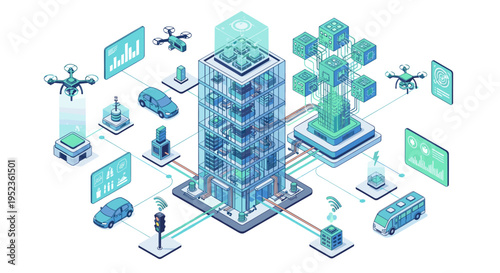 Futuristic smart city infrastructure with interconnected devices drones and data
