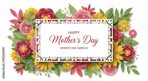 Happy mother's day greeting card with vibrant floral border and elegant typography