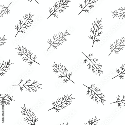 Subtle monochrome pattern of delicate branches with tiny buds on white