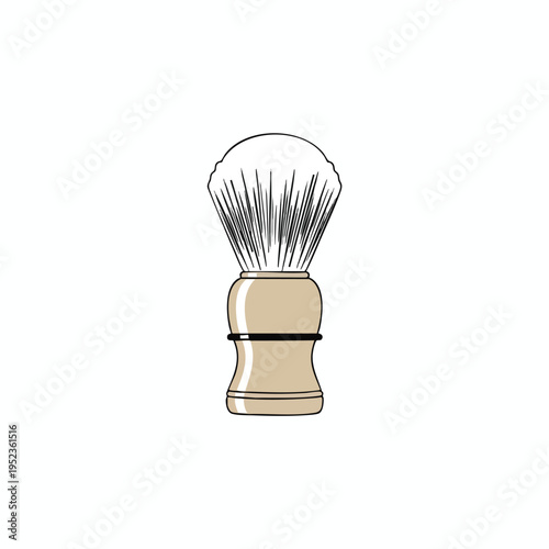 A traditional shaving brush with a tan handle and black band, and soft bristles