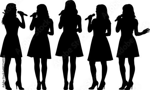 Female singer silhouettes collection, women singing with microphone, elegant performance poses, music concert theme, black vector illustration isolated on white background