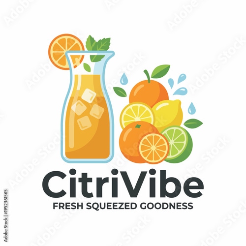 This colorful citrus juice illustration showcases freshness and vitality, highlighting oranges and lemons, perfect for food and beverage brands promoting health and wellness.