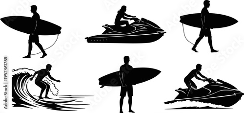 Surfing and jet ski silhouettes set, surfers riding waves, water sports activity, beach lifestyle, ocean adventure, minimal black vector illustrationSurfing and jet ski 