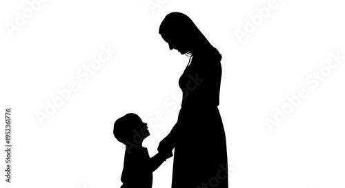 Silhouette of mother and child holding hands looking up with love and connection