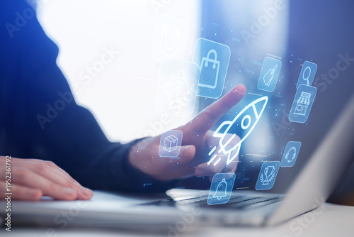 Foto Person touches laptop screen while interacting with digital interface for techno