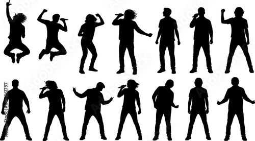 Singer silhouettes collection, dynamic vocalist poses, jumping dancing performers set, microphone stage action, music concert illustration, entertainment lifestyle design concept