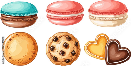 Sweet dessert collection with macarons cookies and heart biscuits, colorful bakery treats vector illustration for pastry menu design