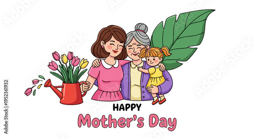 Happy mother's day illustration featuring three generations of women flowers