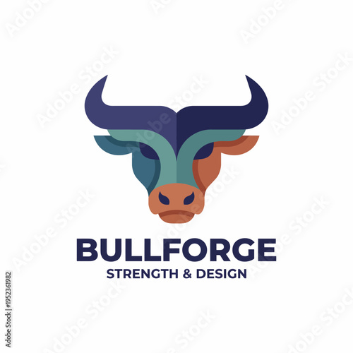 An artistic bull logo emphasizing strength and power, beautifully blending geometric forms and colors to represent resilience and modernity in design aesthetics.