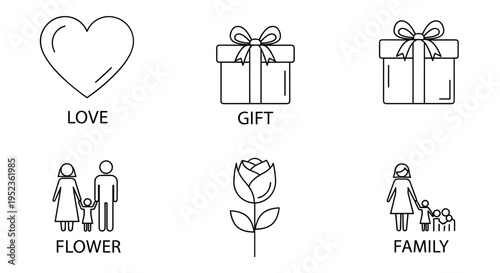 Collection of simple line icons representing love gift family and flower concepts