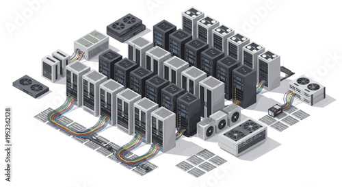 Isometric view of a modern data center server rack array with cooling fans