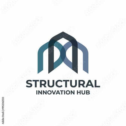A contemporary architectural logo featuring abstract shapes that symbolize innovation, collaboration, and structural creativity for a modern innovation hub environment.