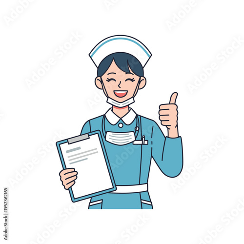 Happy Nurse Holding Clipboard Giving Thumbs Up.