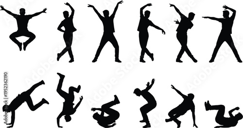 Collection of black male dancer silhouettes performing breakdance moves hip hop street dance poses and athletic gymnastic stunts isolated on a white background