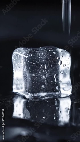 Clear ice cube melting under a stream of water on a dark surface