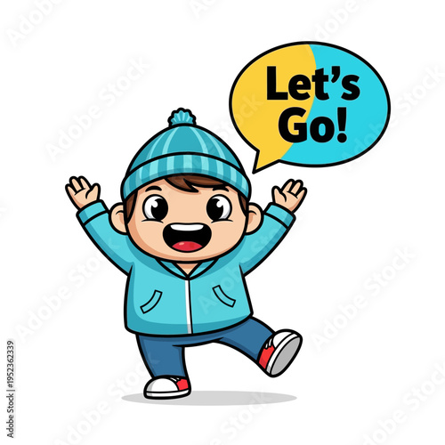 Joyful cartoon boy in winter clothes with speech bubble saying "Let's Go!"