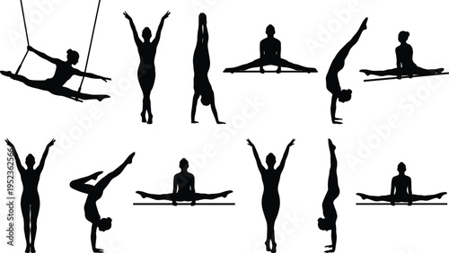 Black silhouette set of female gymnasts performing various acrobatic poses including handstands splits and balance beam exercises on white background isolated vector