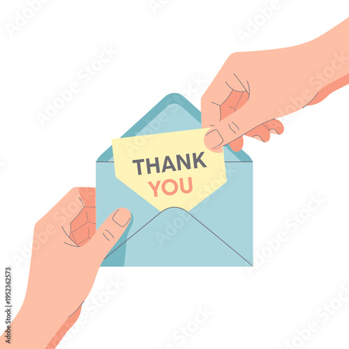 Hands exchanging thank you note from blue envelope, gratitude message, appreciation