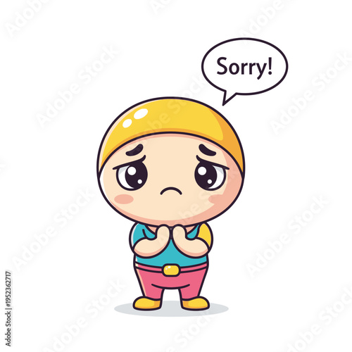 Cute Cartoon Boy Saying Sorry with Sad Eyes and Praying Hands