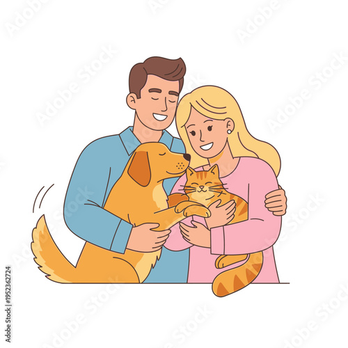 Happy Couple Hugging Beloved Dog and Cat, Pet Love and Companionship