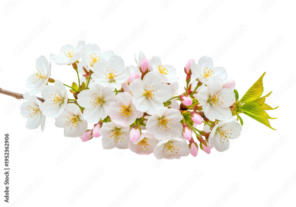 Obraz premium Delicate white cherry blossom branch with pink buds and green leaves, springtime flowering plant, nature's beauty, isolated on transparent background