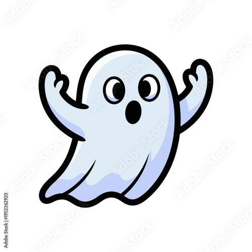 Cute cartoon ghost character with surprised expression and raised arms, isolated on white background.