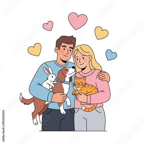 Happy Couple with Dog, Cat, and Rabbit Surrounded by Hearts - Pet Lovers
