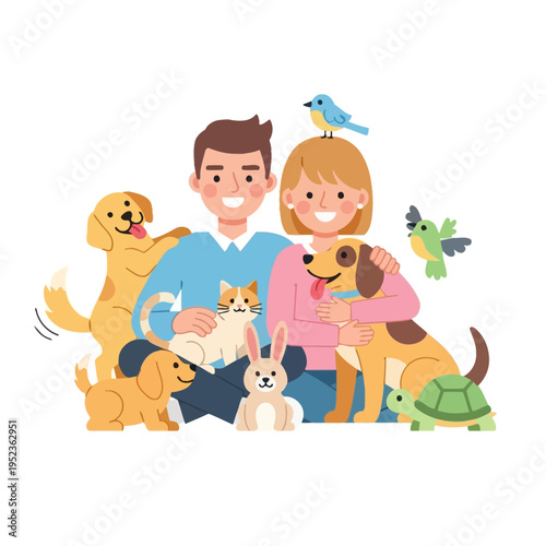 Happy Family with Diverse Pets: Dogs, Cat, Rabbit, Birds, Turtle