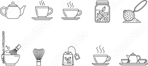 Tea and Beverage Icon Set Featuring Teapot, Cups, Tea Bags, Infuser, and Steeping Accessories
