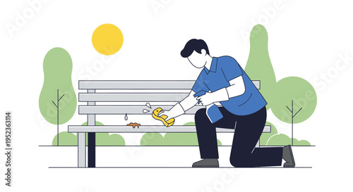 Man cleaning park bench with spray bottle and cloth.