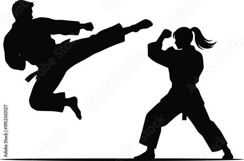 Black and white silhouettes of karate martial arts fighters in combat, male and female athletes training together with high jump kick and stance
