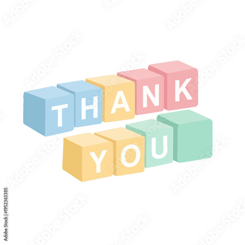 Thank You message spelled with pastel colored building blocks on white background