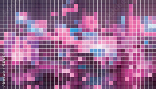  A vibrant pixelated mosaic artwork composed of small pink blue and purple squares on a grid background with a predominantly dark tone victor illustration