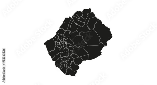 Lesotho Map Outline with Administrative Divisions - Black and White Vector Illustration