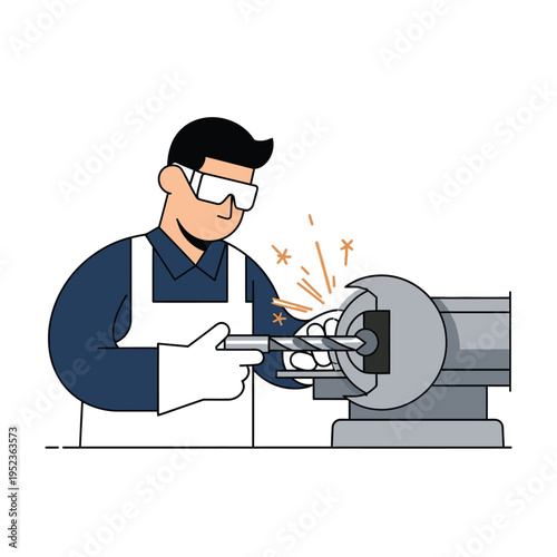Man Grinding Metal Object on Bench Grinder.