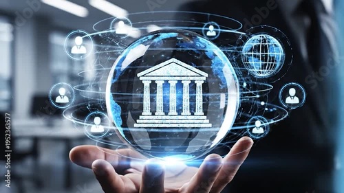 Global finance and banking success motion graphic with ascending bars and interconnected network of people signifying economic growth and international investment opportunities