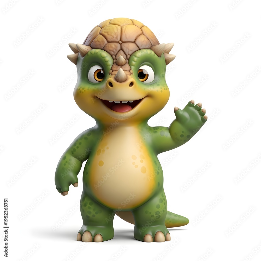 Fototapeta premium Cartoon dinosaur character smiling and waving against a white backdrop