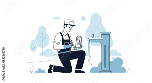 Man in overalls inspecting a small plant in a pot.