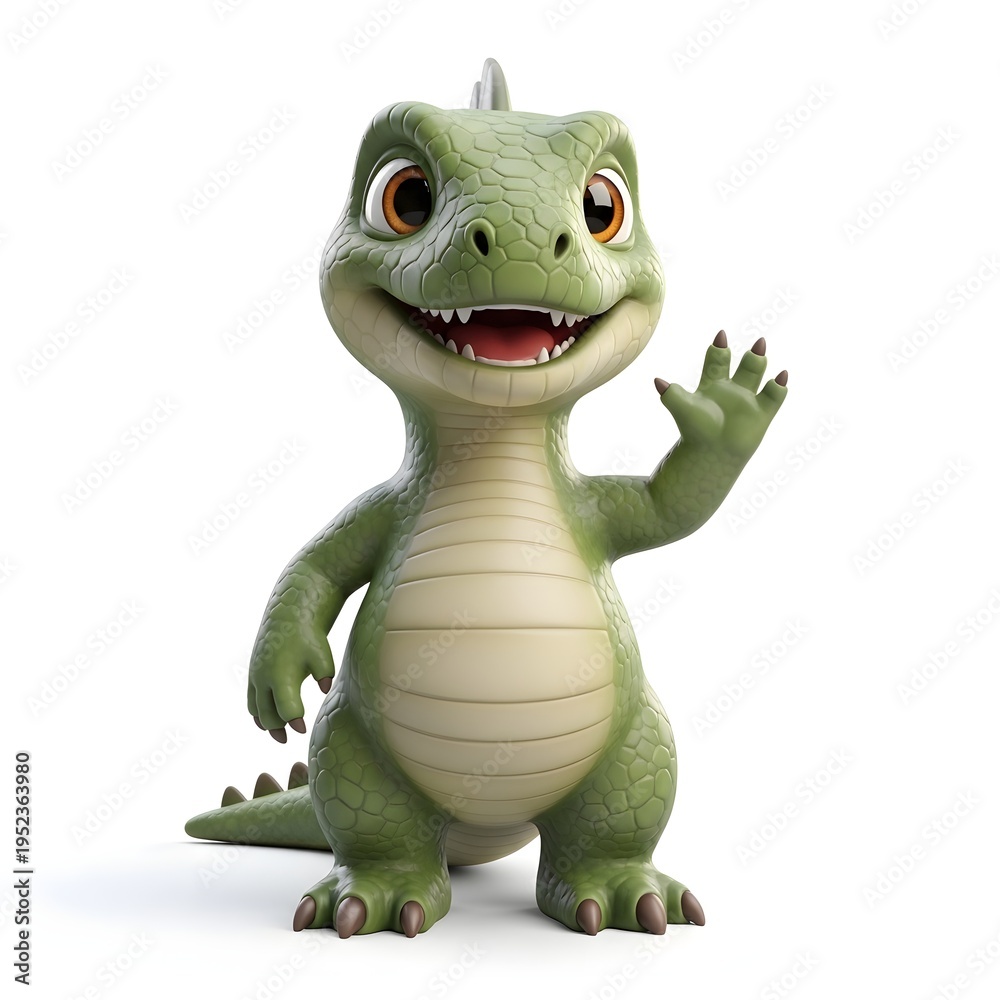 Fototapeta premium Cartoon dinosaur character waving friendly with green skin and big eyes
