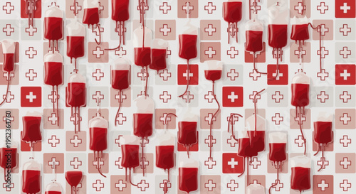 Blood Bags Pattern Background with Red Crosses, Healthcare and Donation Concept
