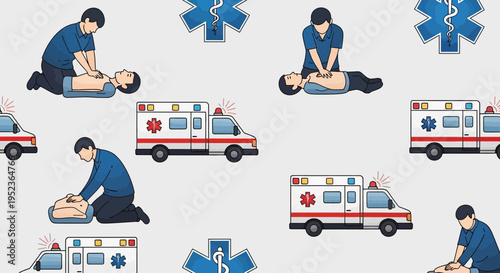 CPR and Ambulance Seamless Pattern: Medical Emergency, First Aid, and Rescue Illustration